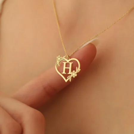 Solid Gold Personalized Flower Heart