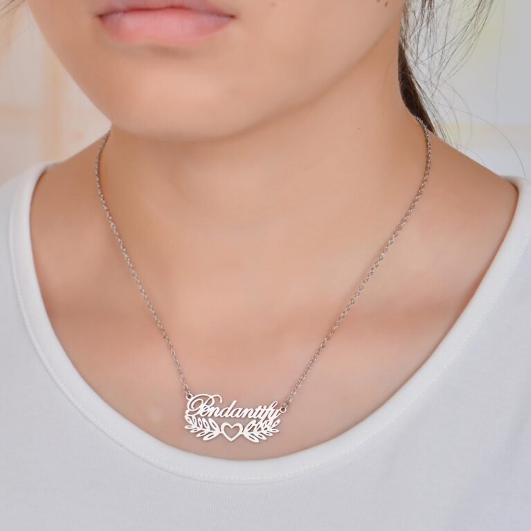 Custom Leaf Heart Name Necklace