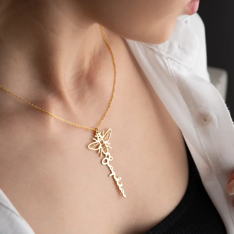 Personalized Vertical Name Necklace With Butterfly-Dragonfly-Ladybug-Ladybird-Honeybee